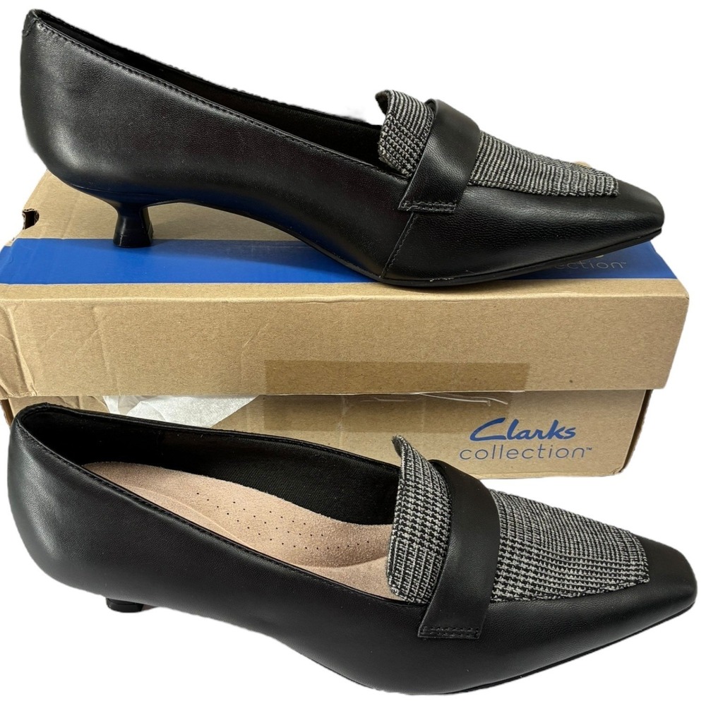 Clarks Scarlyt Mabel Black Interest Leather Pointed Toe Kitten Heel Pumps 8.5W - Picture 3 of 7